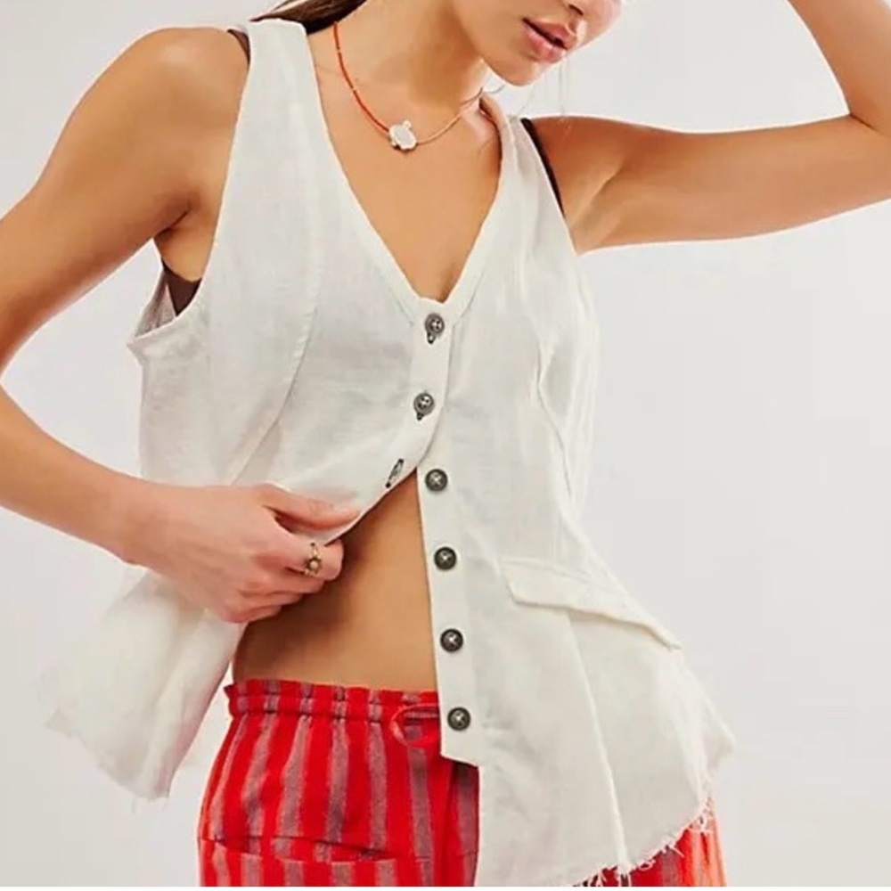 Free People Laruso Linen Preppy Pocket Resortwear Coastal Beach Vacation Vest S